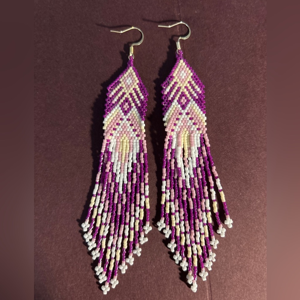 Beaded Native American style earrings with fringe
